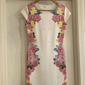 Beautiful Floral Print Cap Sleeve scuba like Dress